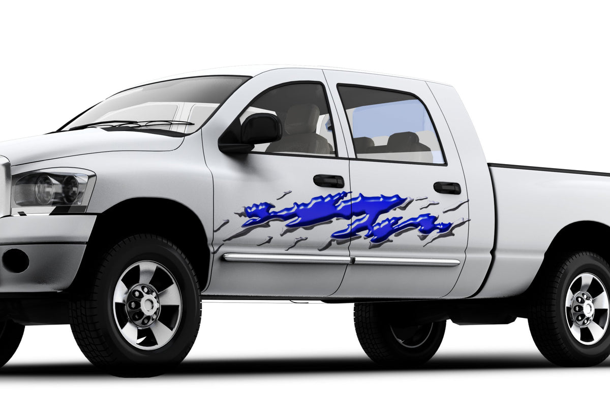 blue chrome splashing effect decal on the side of white truck